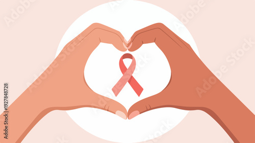Diverse Hands Forming Heart Shape with Pink Ribbon Symbolizing Breast Cancer Awareness