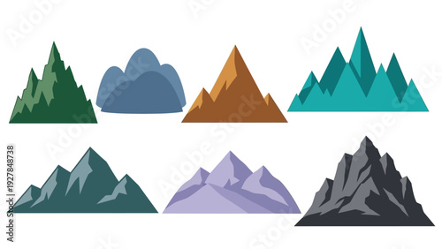 Diverse Mountain Peaks Collection Geometric Stylized Landscape Icons Representing Natural Beauty