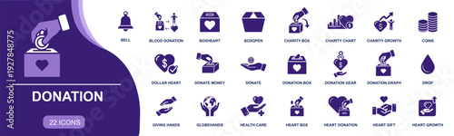Donation icon set. Containing charity, fundraising, donation box, coins, blood donation, heart gift, giving hands, support, philanthropy and more. Solid fill vector icons collection.