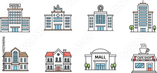 Set of eight stylized colorful flat line icons representing various urban buildings like a hostel hospital mall and cafe shop