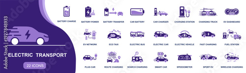 Electric transport icon set. Containing battery charge, car charger, charging station, electric car, bus, taxi, fast charging, plug, dashboard and more. Solid fill vector icons collection.