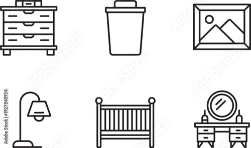 Home furniture and interior decor icon set. Bedroom furniture, storage, and household equipment. Vector illustration