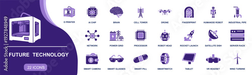 Future technology icon set. Containing AI chip, brain, robot, drone, smart glasses, smartwatch, VR headset, 3D printer, satellite, network and more. Solid fill vector icons collection.