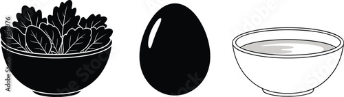 Minimalist black and white illustration of salad bowl egg and water bowl icons isolated vector set for food nutrition concepts design branding