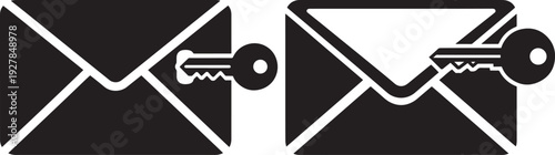Two black envelopes with keys inserted, representing secure mail, private communication, access, and unlocking secrets.
