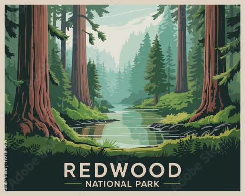 Redwood National Park poster, vintage forest landscape with river and massive redwood trees