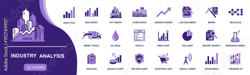 Industry analysis icon set. Containing analytics, bar graph, growth arrow, report search, law document, PESTLE, mining, oil drop, money research and more. Solid fill vector icons collection.