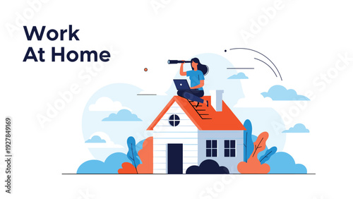 Young woman sitting on a house roof and working on a laptop with a telescope to represent work at home and vision.