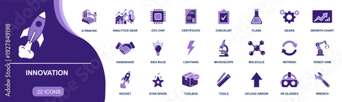 Innovation icon set. Containing idea bulb, rocket launch, analytics gear, growth chart, certificate, checklist, CPU chip, robot arm, tools, VR glasses and more. Solid fill vector icons collection.