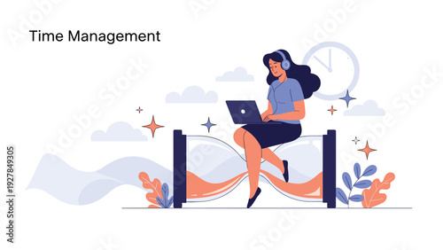 Young professional woman manages her schedule efficiently while sitting on a large hourglass symbolizing effective time management.