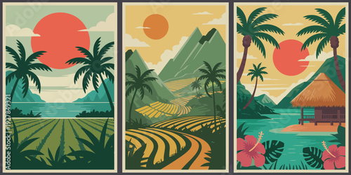 Tropical landscape triptych poster, retro travel set with coastal beach terraced fields and bungalow