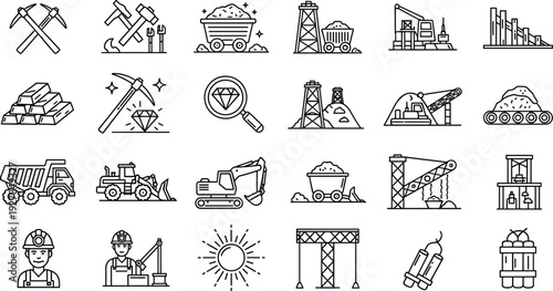 Mining and Construction Industry Line Icon Set with Excavators, Cranes, Drilling Rigs, Minerals, Workers, and Heavy Equipment Symbols
