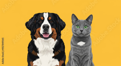 Friendly bernese mountain dog and gray cat sitting together on yellow background cartoon style friendship concept