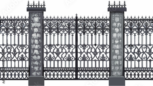 An ornate gray wrought iron gate with decorative stone pillars