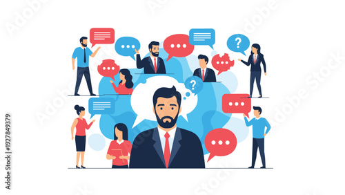 Group of diverse business professionals engage in constant communication through speech bubbles centered around a focused man in a suit.