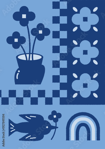 ブルーの花や小鳥のイラスト