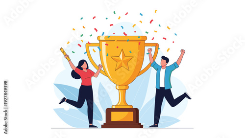 Joyful man and woman celebrate a significant victory by jumping next to a massive golden trophy while colorful confetti falls around them.