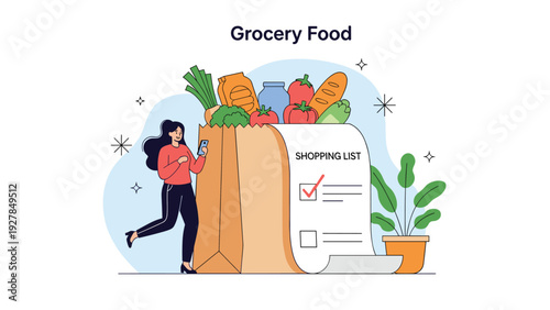 Young woman uses her smartphone to check a giant shopping list next to a massive bag filled with fresh groceries and healthy food.