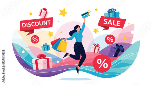 Happy woman leaps through the air with shopping bags and credit cards surrounded by floating gifts and large discount banners.