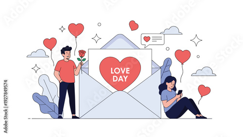 Man with a rose and a woman with her phone stand by a giant envelope containing a large red heart for a special love day celebration.