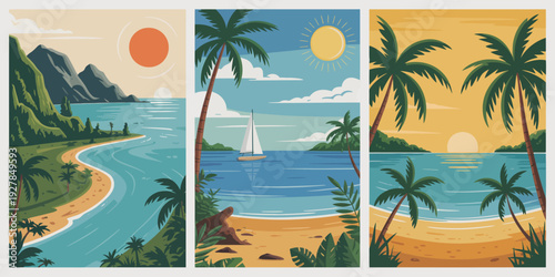 Tropical beach triptych poster, vintage travel landscape set with palm trees and sailboat
