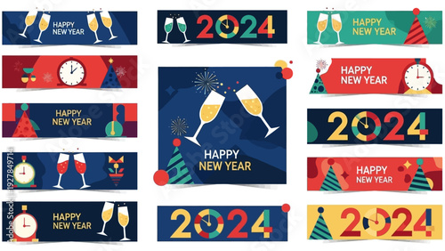 New Year 2024 Celebration Banners with Champagne Glasses and Clocks