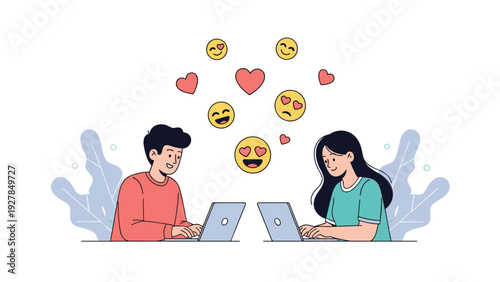 Young man and woman interact with each other through their laptops while surrounded by various floating heart and love-themed emojis.