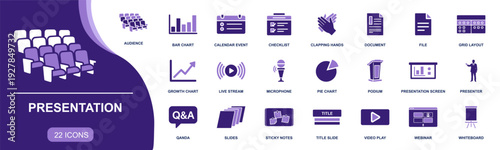 Presentation icon set. Containing audience, slides, webinar, podium, microphone, presenter, charts, Q&A, checklist, document, screen, video play and more. Solid fill vector icons collection.