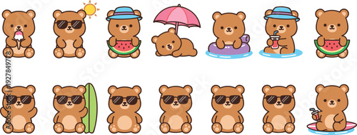 Cartoon summer bear illustration, cute characters, ice cream, sunglasses, watermelon, beach umbrella, pool float, drink, playful, cheerful, s