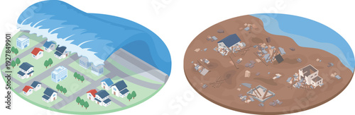 巨大な津波の被害を受けた町