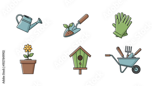 Set of charming cartoon garden icons including watering can, seedling, gloves, potted flower,