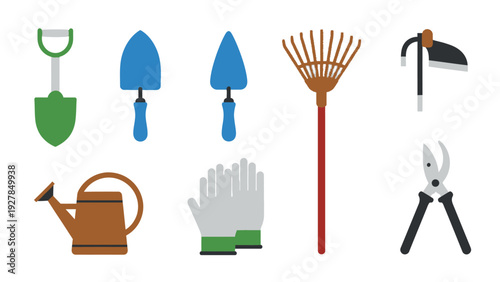Set of Flat Design Garden Tools with Shovel Rake Watering Can and Pruners for Outdoor Work