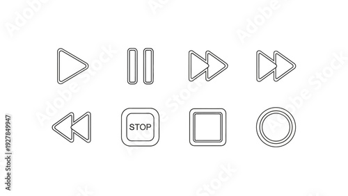 Set of minimalist outline icons for media playback controls on white background