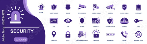Security icon set. Containing alarm, CCTV camera, firewall, lock, password, face ID, shield, key, network security, surveillance, access control and more. Solid fill vector icons collection.