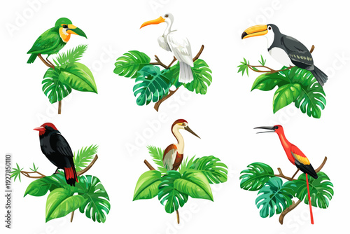 Colorful toucans and other tropical birds perched on leafy branches