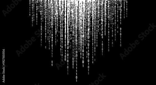 Digital rain effect with binary code falling from top to bottom on a black background scene