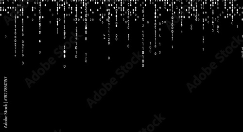 Falling digital rain on a black screen, a cascading effect of white dots from top to bottom, viewed directly