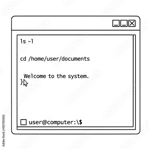 A computer terminal window displays a command line interface with a welcome message and user prompt on a screen.