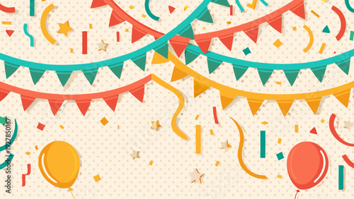 Festive background with colorful balloons bunting and confetti