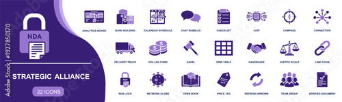 Strategic alliance icon set. Containing handshake, NDA lock, partnership, contract, bank, gavel, scales, analytics, calendar, team, connection, and more. Solid vector icons collection.