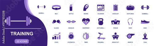 Training icon set. Containing barbell, dumbbell, kettlebell, boxing, belt, bottle, calendar, checklist, duffle bag, stopwatch, timer, treadmill, yoga and more. Solid vector icons collection.