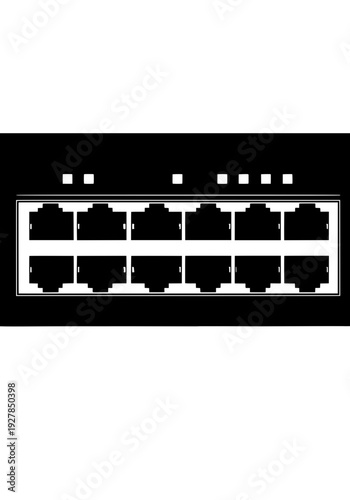 Network equipment illustration showing eight ports and four indicator lights on a device