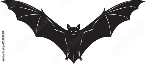 Black silhouette of a bat flying, isolated on white background