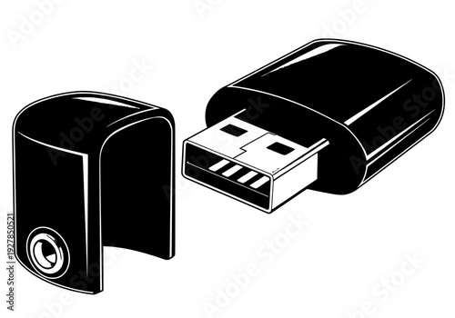 Illustration of USB drive and cap on white background viewed from the side