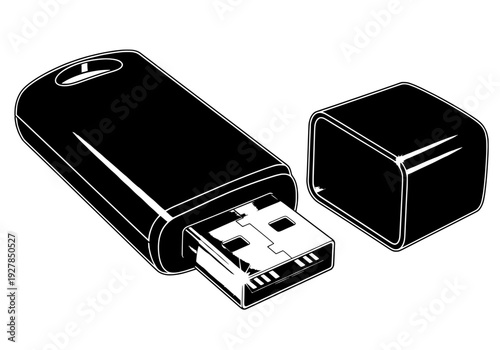 USB flash drive illustration with cap removed showing connector on white background