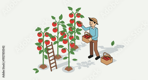 Farmer Harvesting Tomatoes from Tomato Plants.