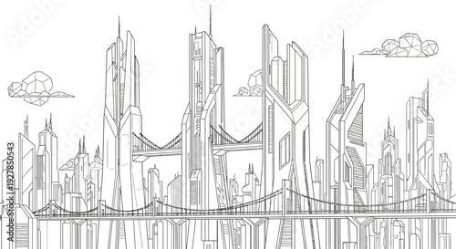 Abstract futuristic city skyline illustration with architectural designs and structures
