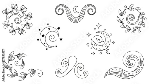 Whimsical Celestial and Botanical Ornaments Lunar Swirls Stars and Leafy Designs