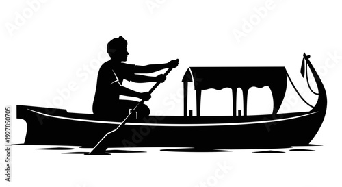 Gondolier Rowing Gondola Boat Silhouette Profile.