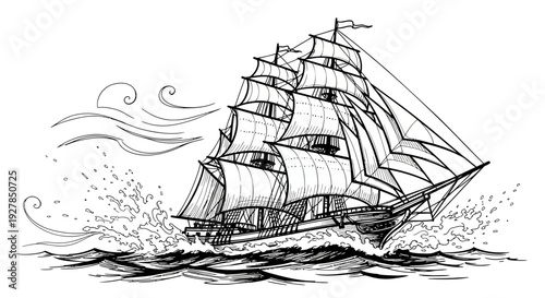 Vintage sailing ship in ocean illustration vector graphic nautical theme